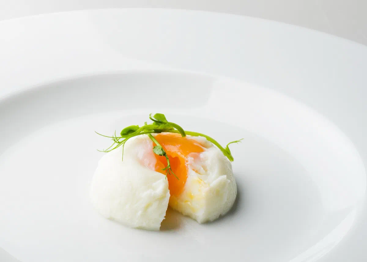 Un œuf poché entaillé au centre d'une assiette blanche, le jaune orange apparaît, avec quelques jeunes pousses