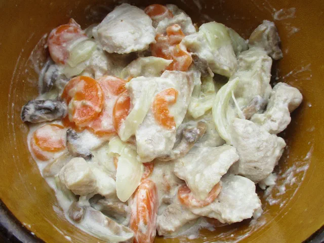 Morceaux de veau, rondelles de carotte, champignons et oignon nappés d'une sauce blanche crémeuse, dans une cocotte