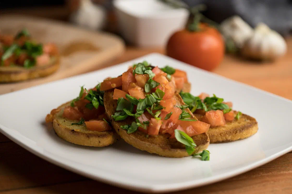 Trois bruschettas au pain grillé couvertes de dés de tomate et de basilic ciselé sur une assiette blanche, une tomate et de l'ail en arrière-plan