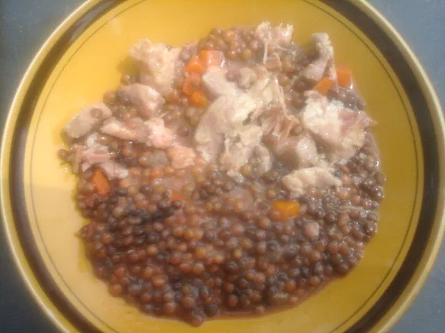 Assiette de lentilles vertes mijotées avec des morceaux de porc demi-sel effilochés et des dés de carotte
