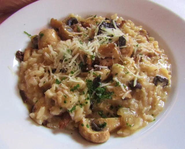 Une assiette creuse de risotto aux champignons parsemé de parmesan râpé et d'herbes hachées