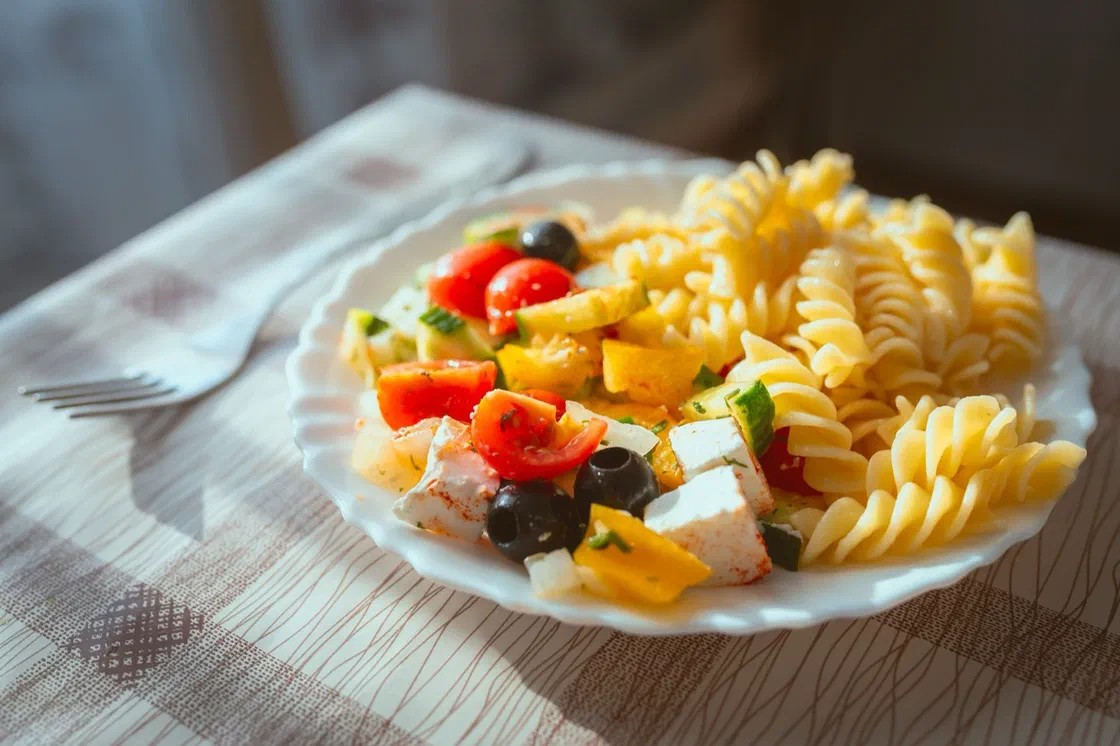 Une assiette de salade de fusilli avec des tomates cerises, des olives noires, des dés de poivron jaune et de fromage blanc